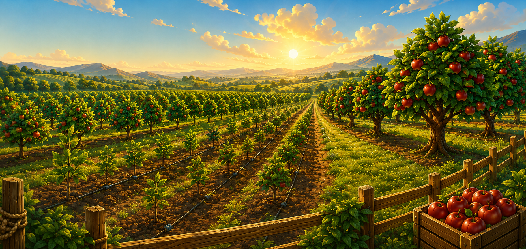 Golden sunlight over a lush apple orchard, with ripe apples and a wooden harvest crate