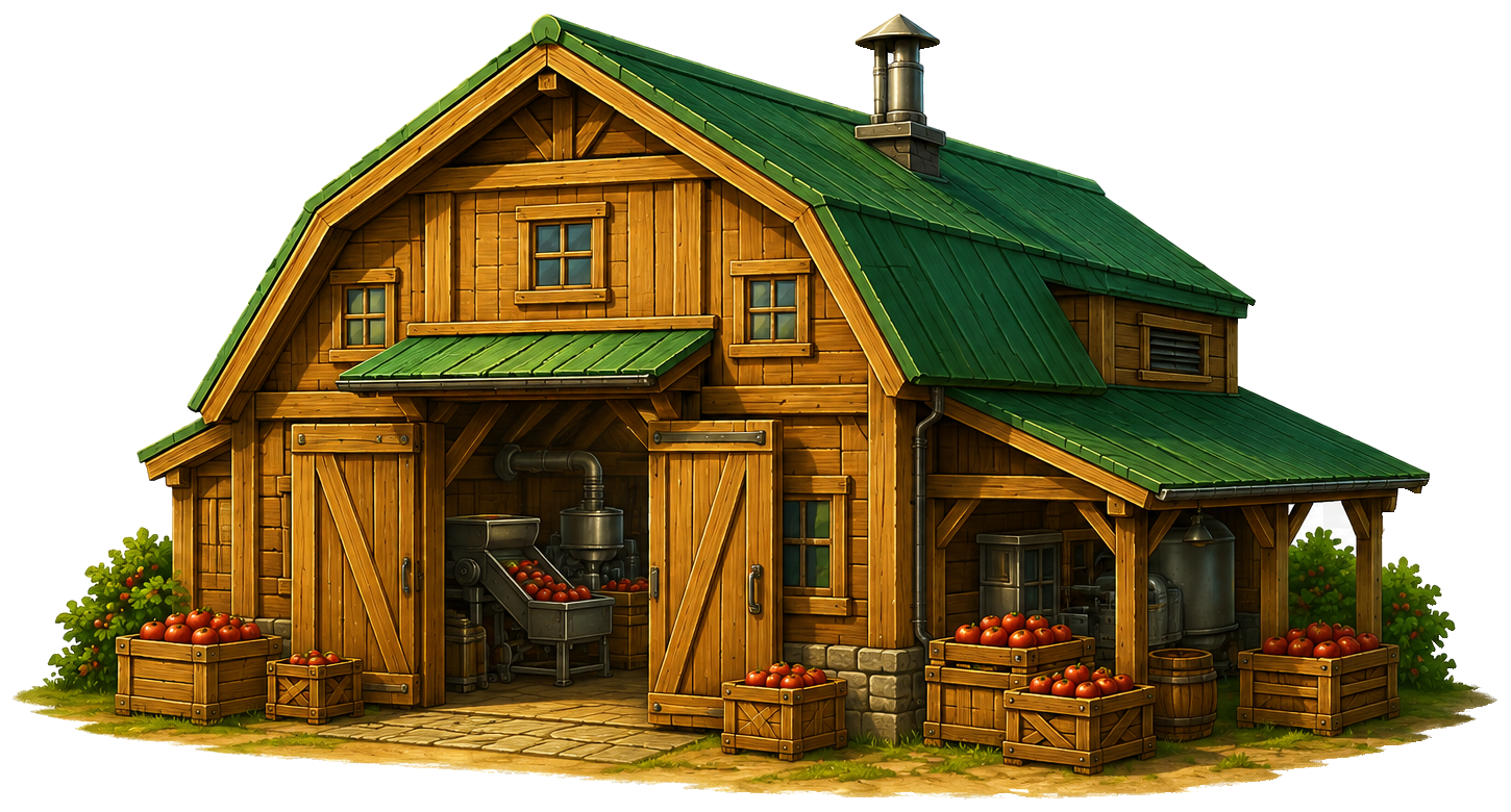 The wooden Processing Shed, with apple crates and equipment